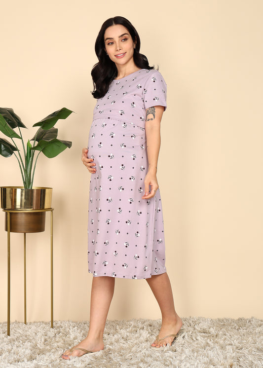 Purple-KnittedCotton-Maternity-Loungewear-Dress