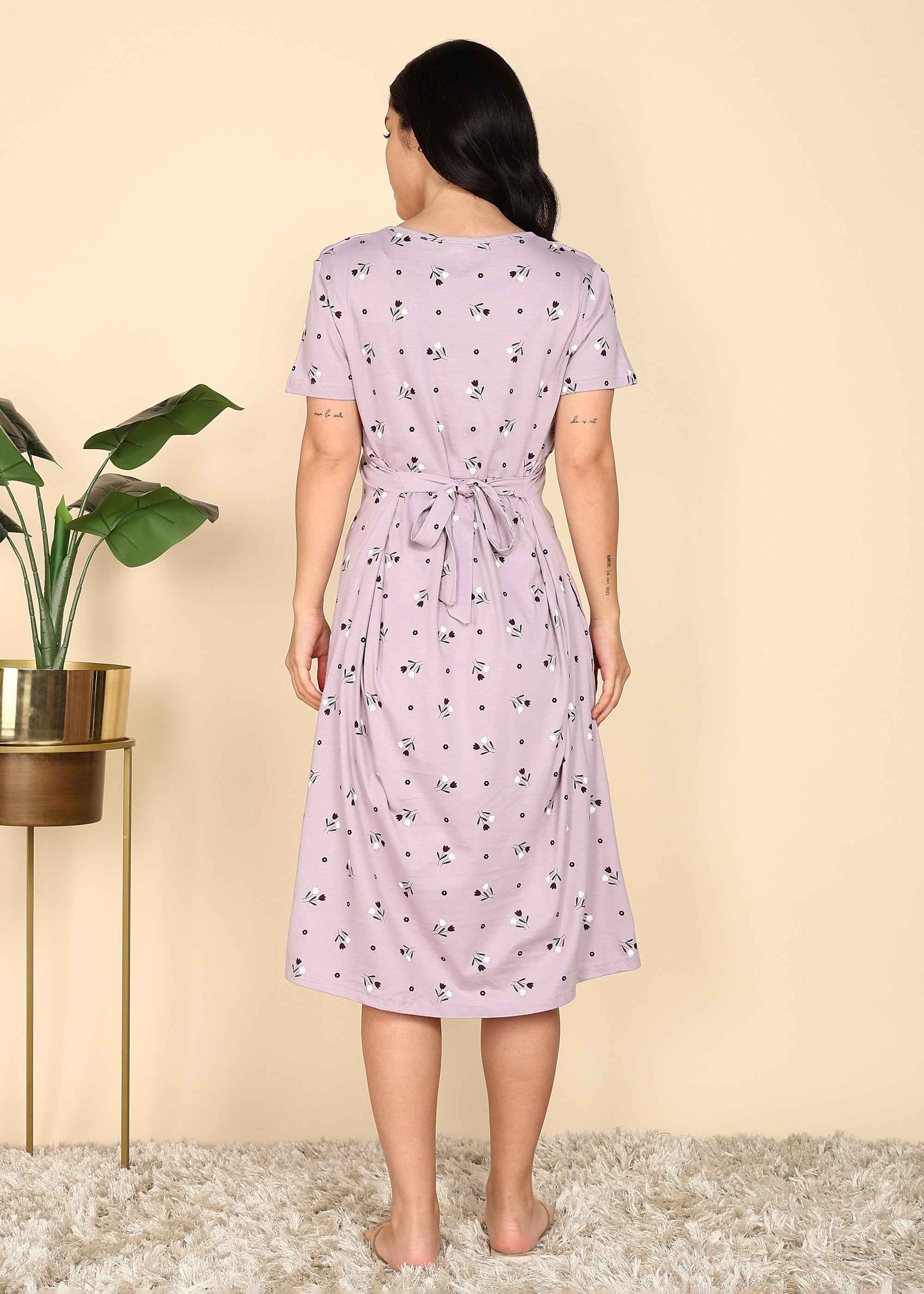 Purple Knitted Cotton Maternity Loungewear Dress
