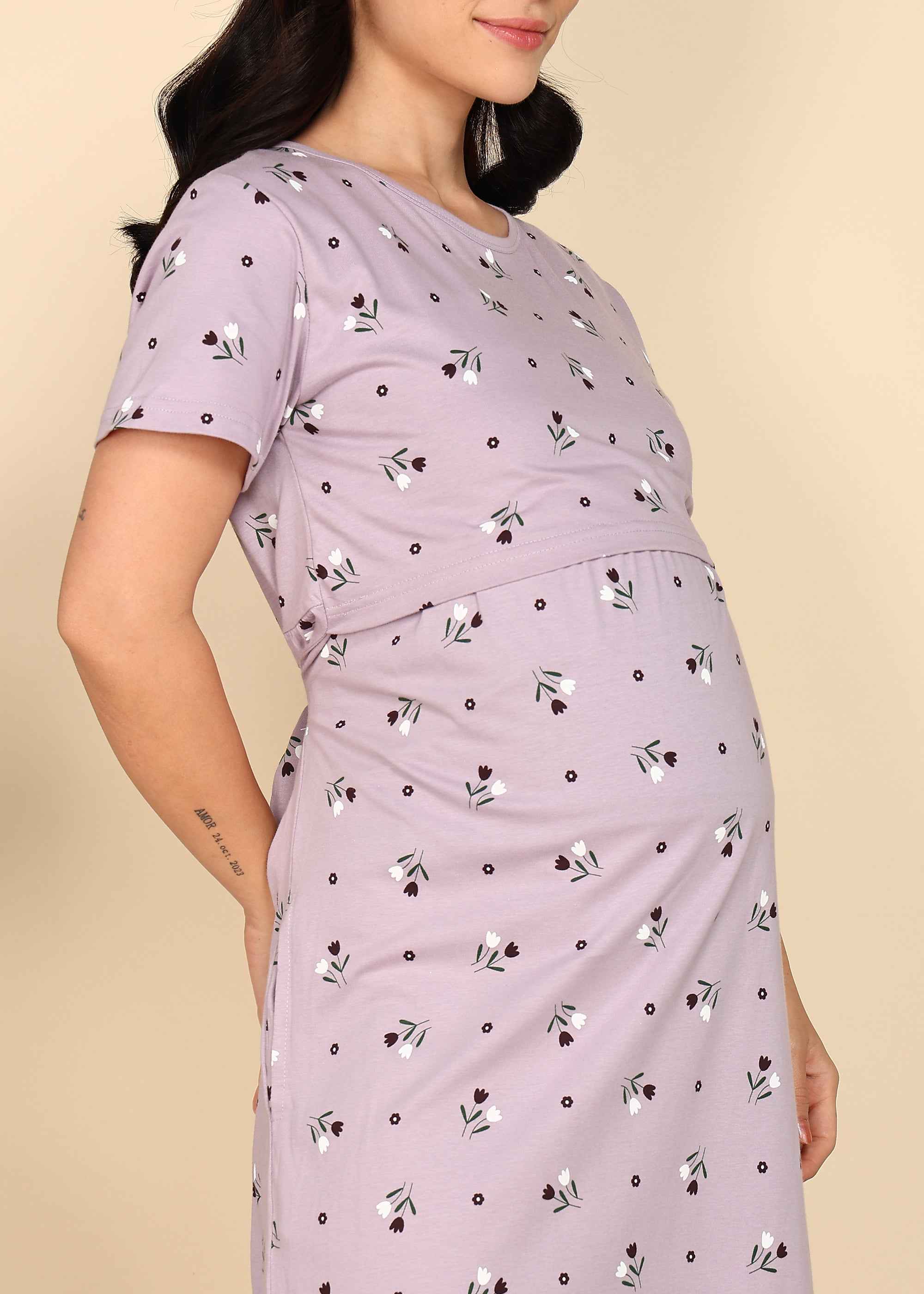 Purple Knitted Cotton Maternity Loungewear Dress