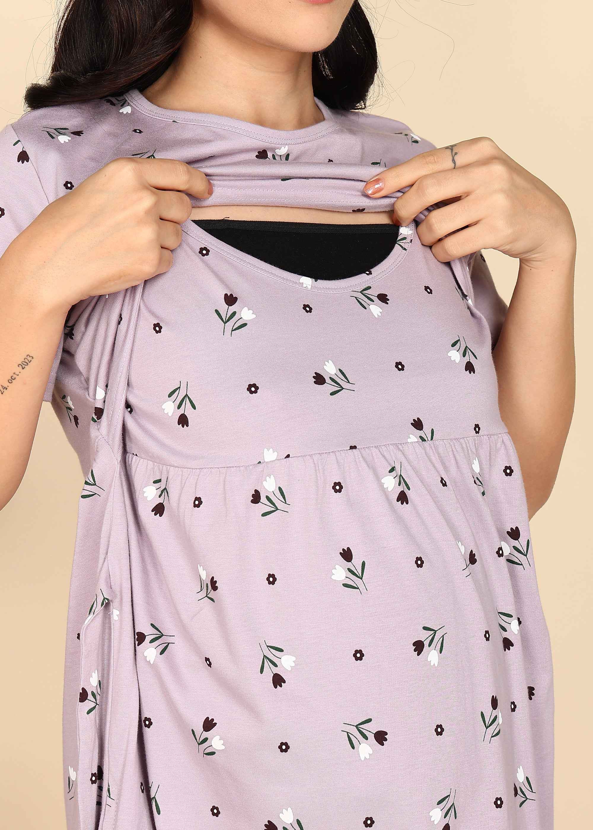 Purple Knitted Cotton Maternity Loungewear Dress