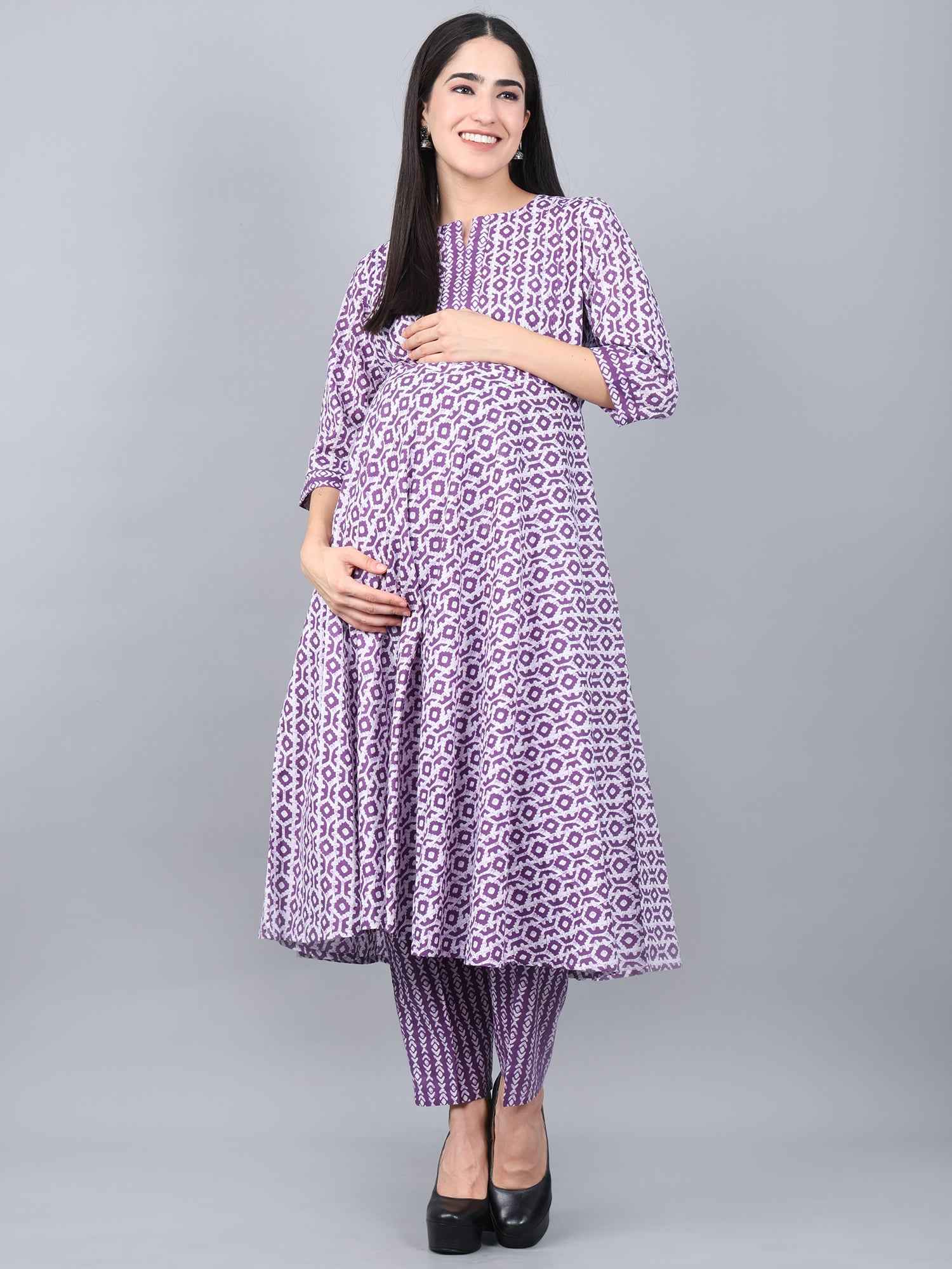Purple Pure Cotton Maternity and Feeding Kurta Set