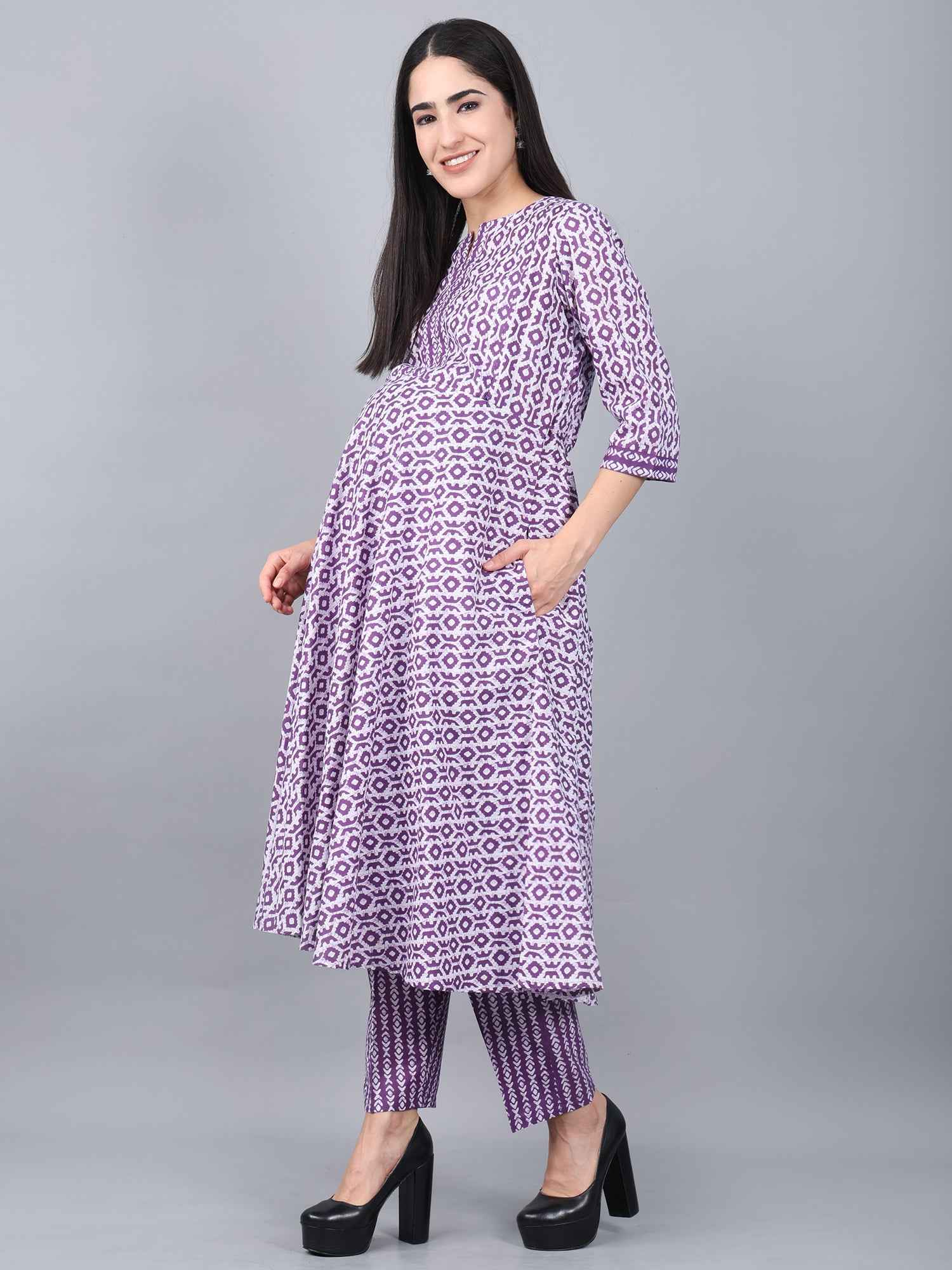 Purple Pure Cotton Maternity and Feeding Kurta Set