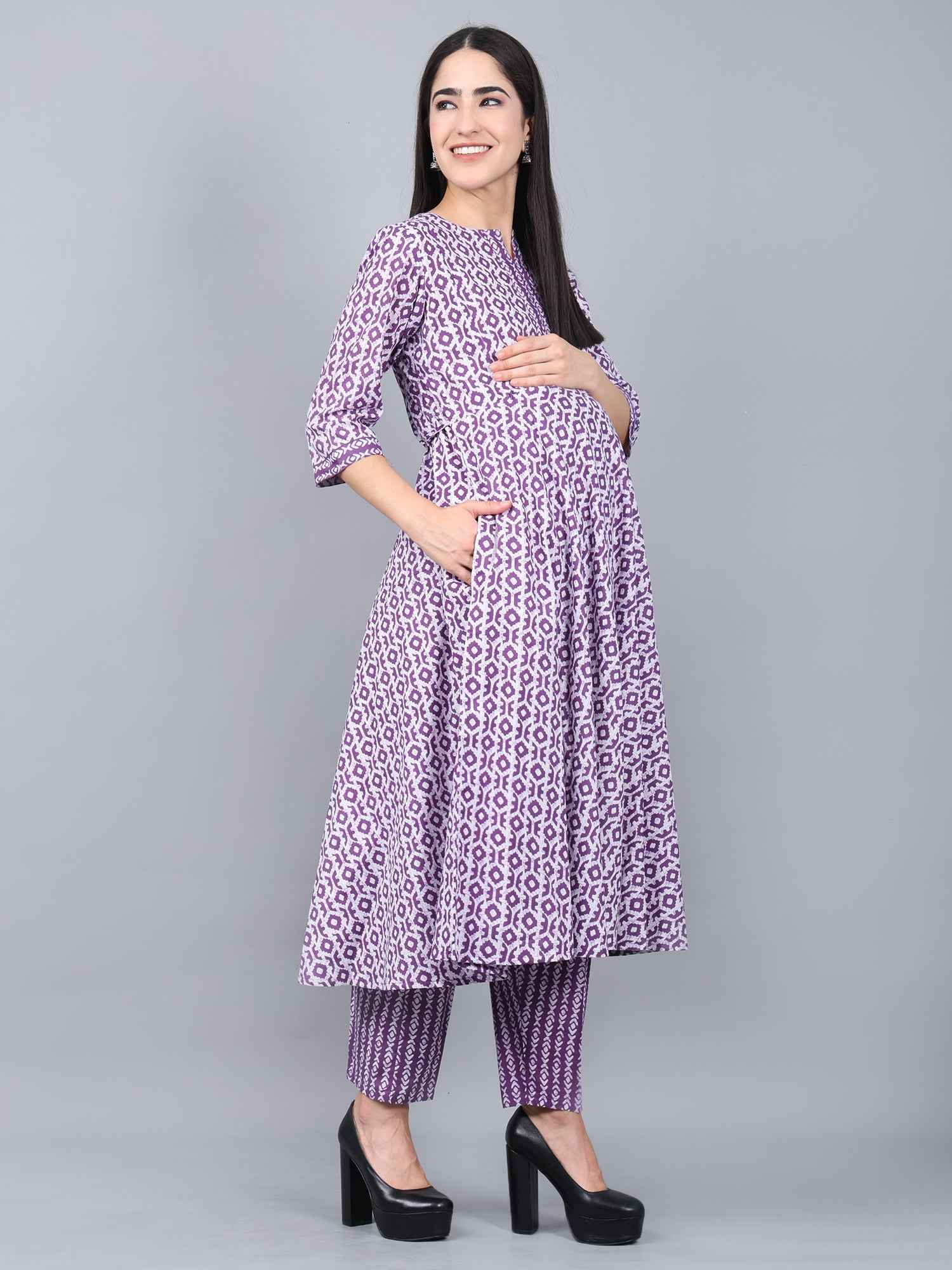 Purple Pure Cotton Maternity and Feeding Kurta Set
