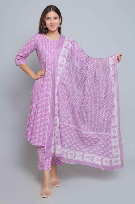 Purple Pure Cotton Maternity and Feeding Kurta Set With Dupatta