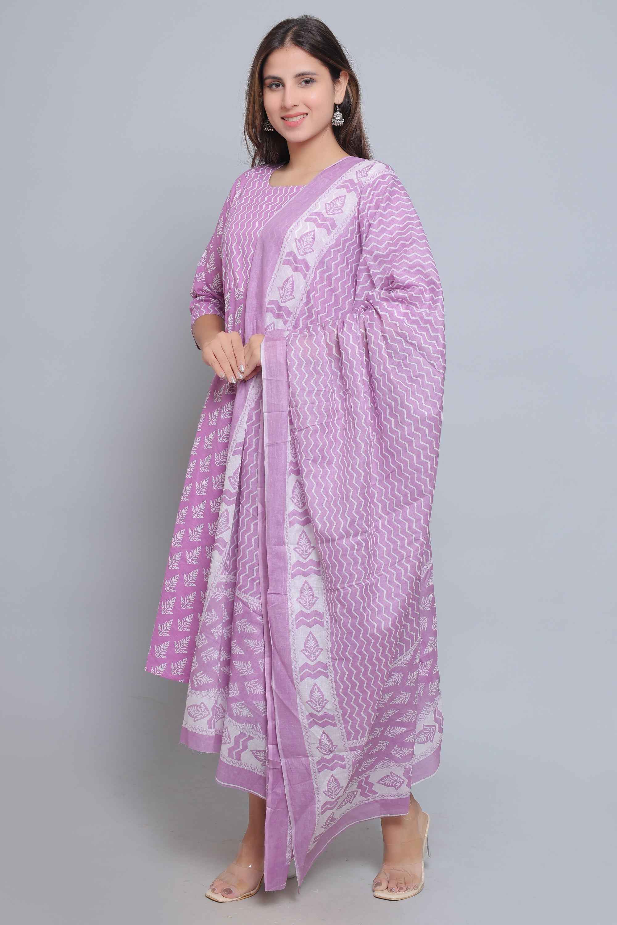 Purple Pure Cotton Maternity and Feeding Kurta Set With Dupatta