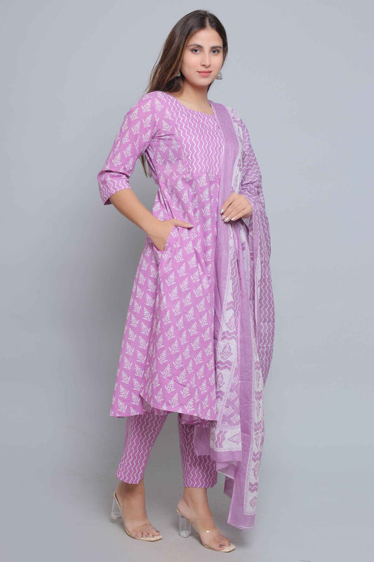 Purple Pure Cotton Maternity and Feeding Kurta Set With Dupatta