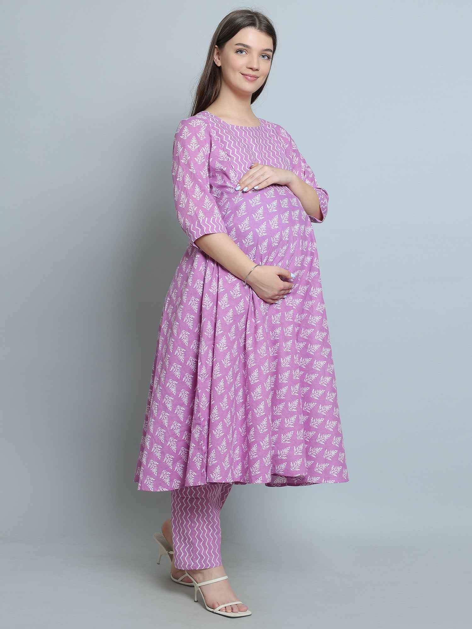 Purple Pure Cotton Maternity and Feeding Kurta Set With Dupatta