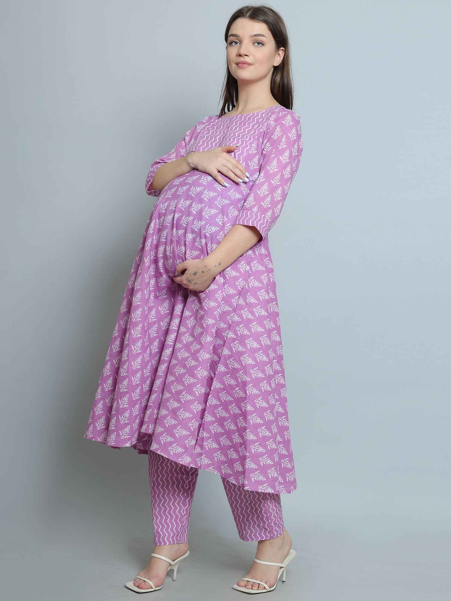 Purple Pure Cotton Maternity and Feeding Kurta Set With Dupatta