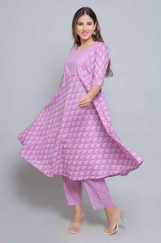 Purple Pure Cotton Maternity and Feeding Kurta Set With Dupatta