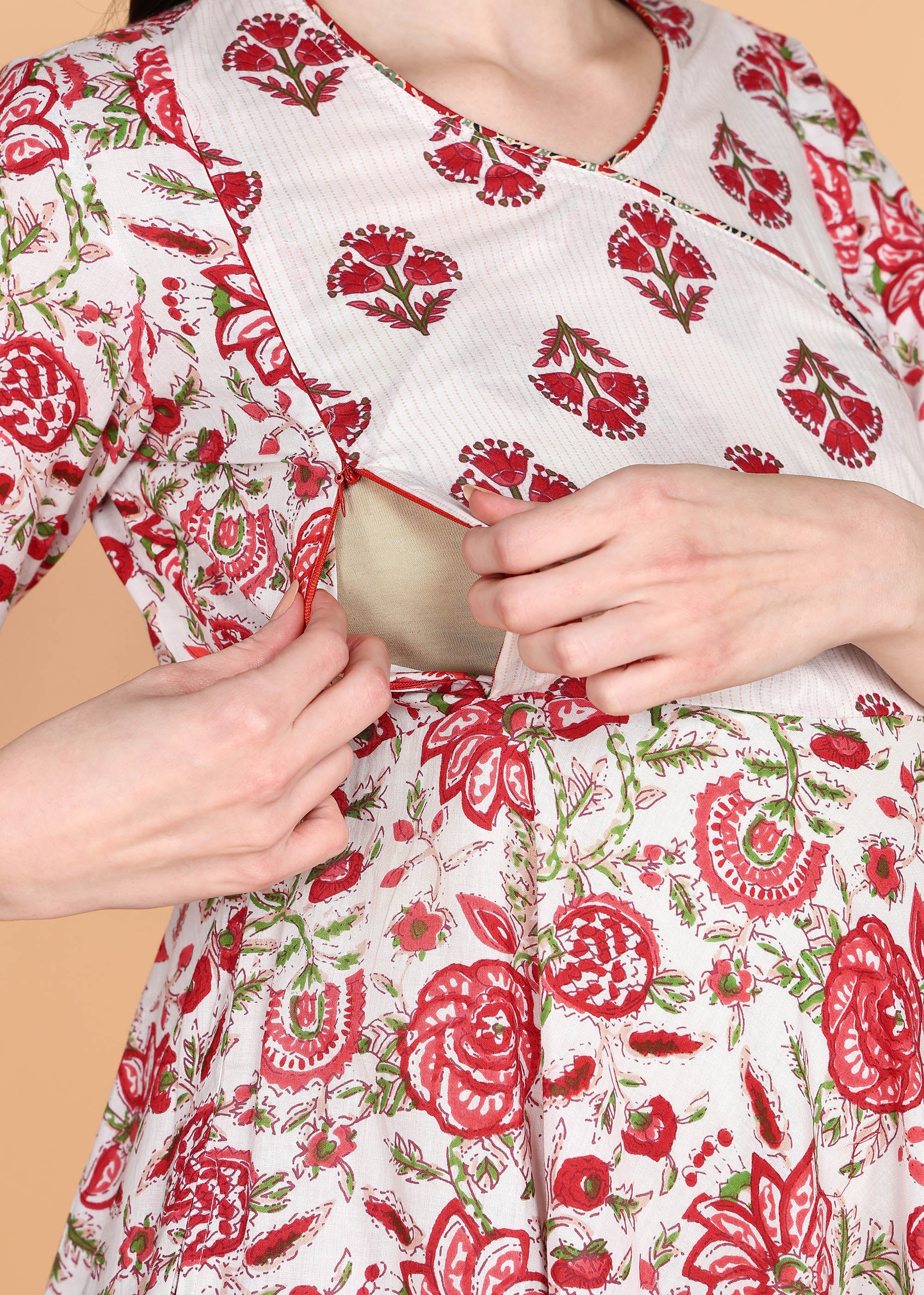 Red-Floral-Maternity-Feeding-KurtaSet-Dupatta