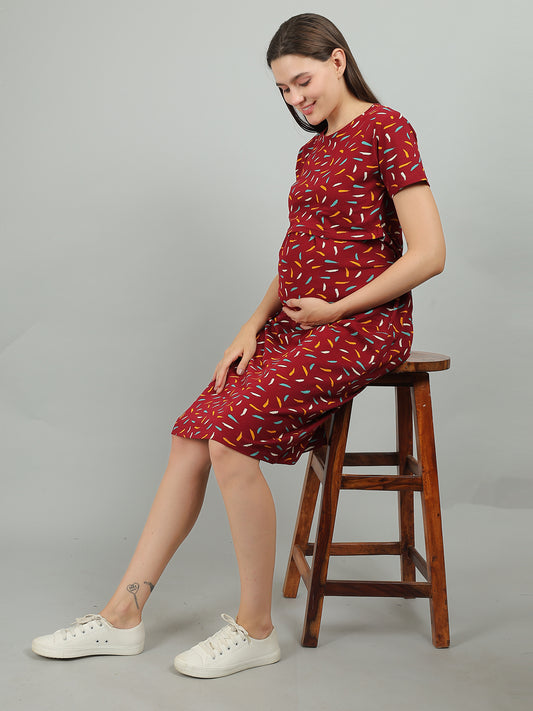 Red-KnittedCotton-Maternity-Loungewear-Dress
