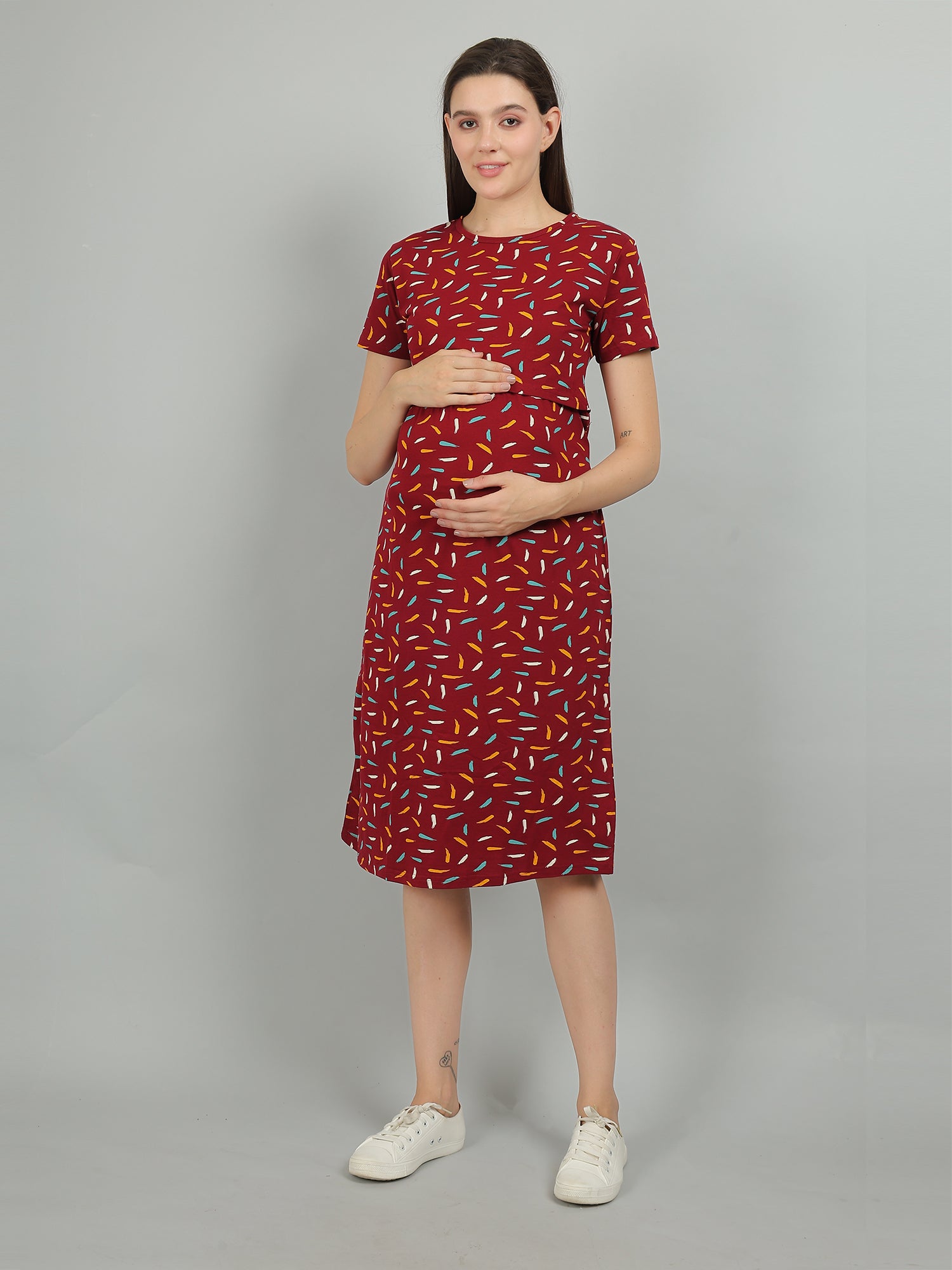 Red-KnittedCotton-Maternity-Loungewear-Dress