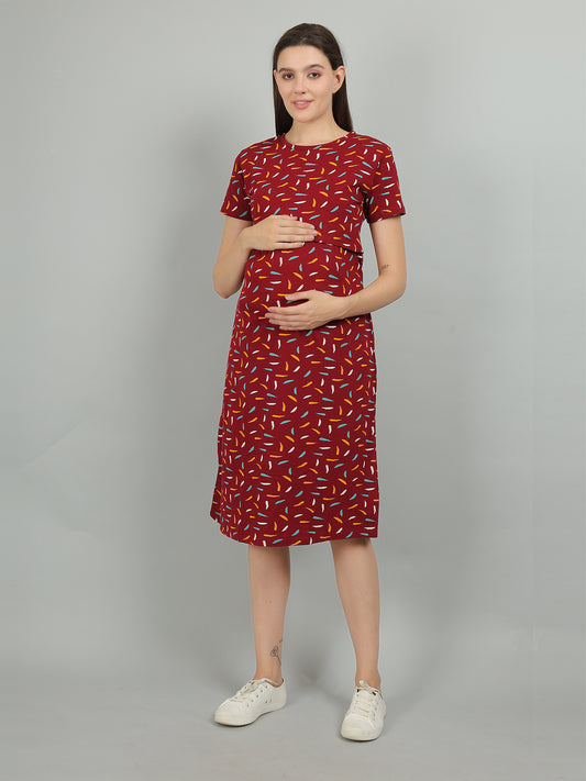 Red-KnittedCotton-Maternity-Loungewear-Dress