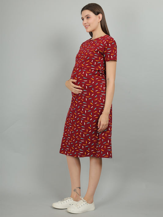 Red-KnittedCotton-Maternity-Loungewear-Dress