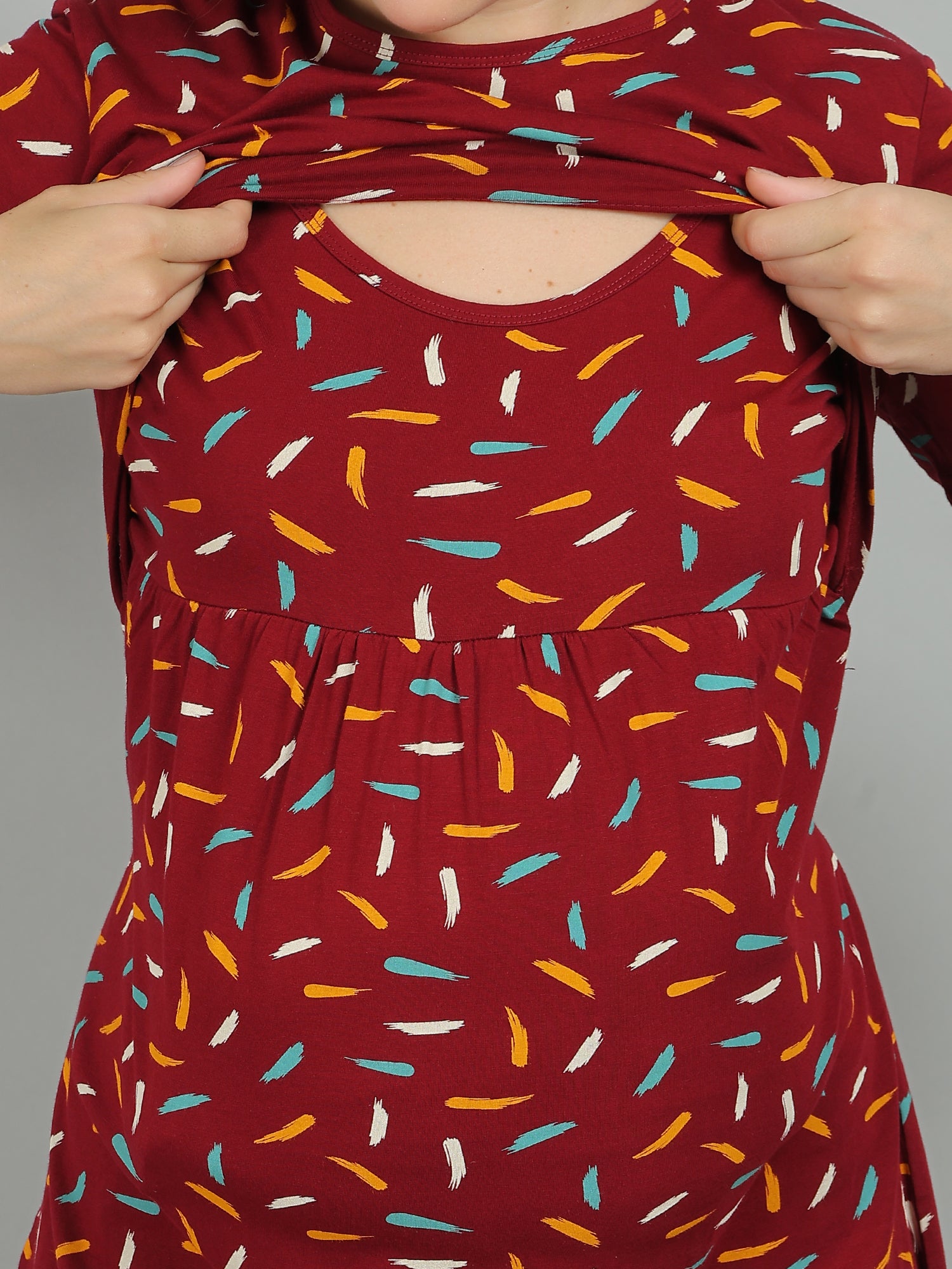 Red-KnittedCotton-Maternity-Loungewear-Dress