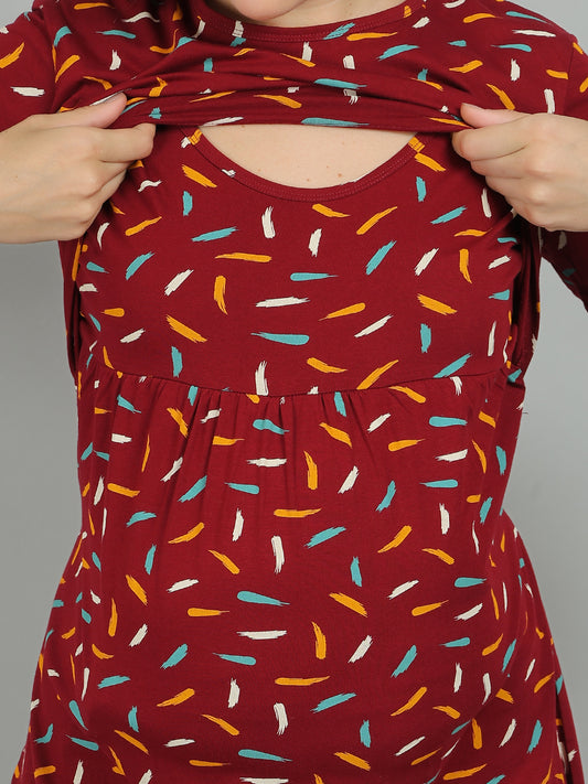Red-KnittedCotton-Maternity-Loungewear-Dress