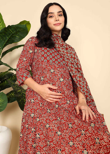 Red Maternity and Feeding Kurta Set with Dupatta