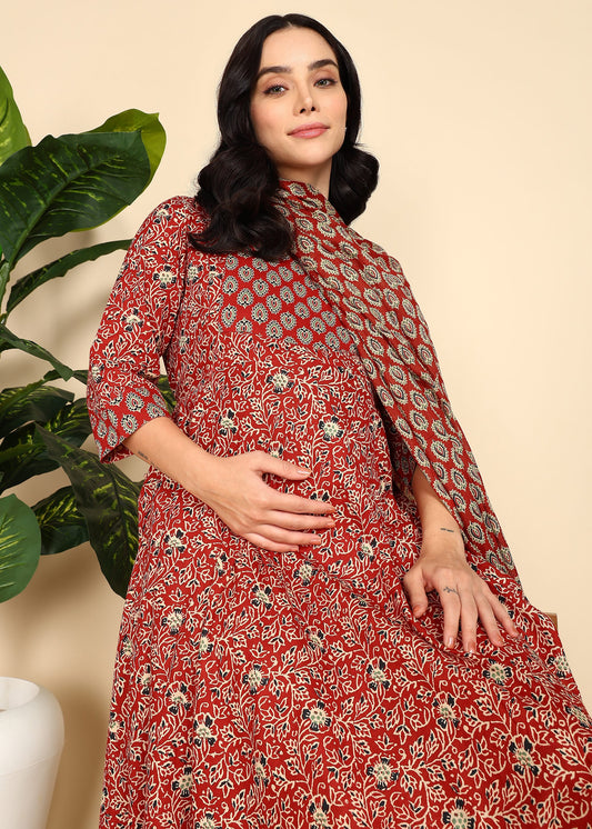 Red-Maternity-Feeding-KurtaSet-Dupatta