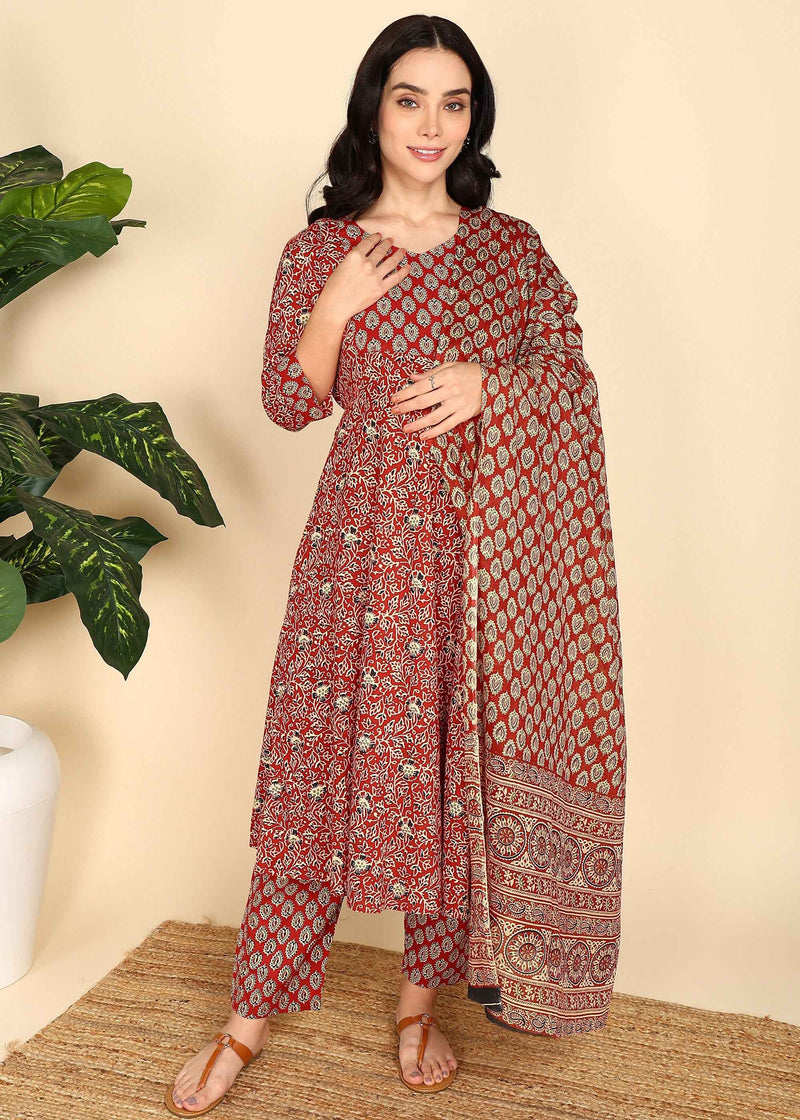 Red Maternity and Feeding Kurta Set with Dupatta