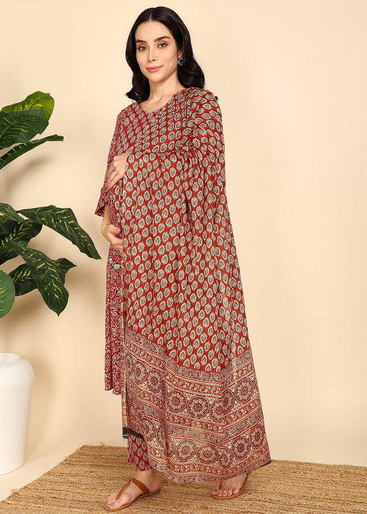 Red-Maternity-Feeding-KurtaSet-Dupatta
