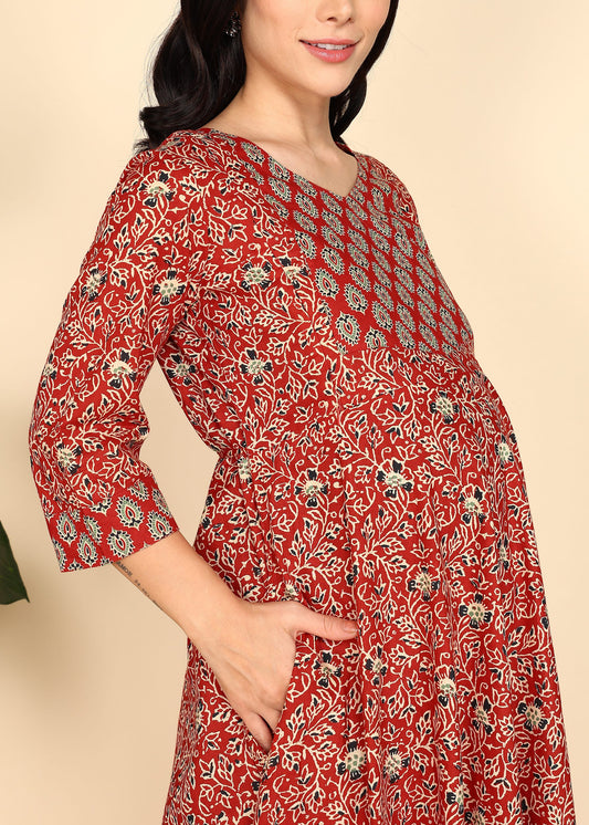 Red-Maternity-Feeding-KurtaSet-Dupatta