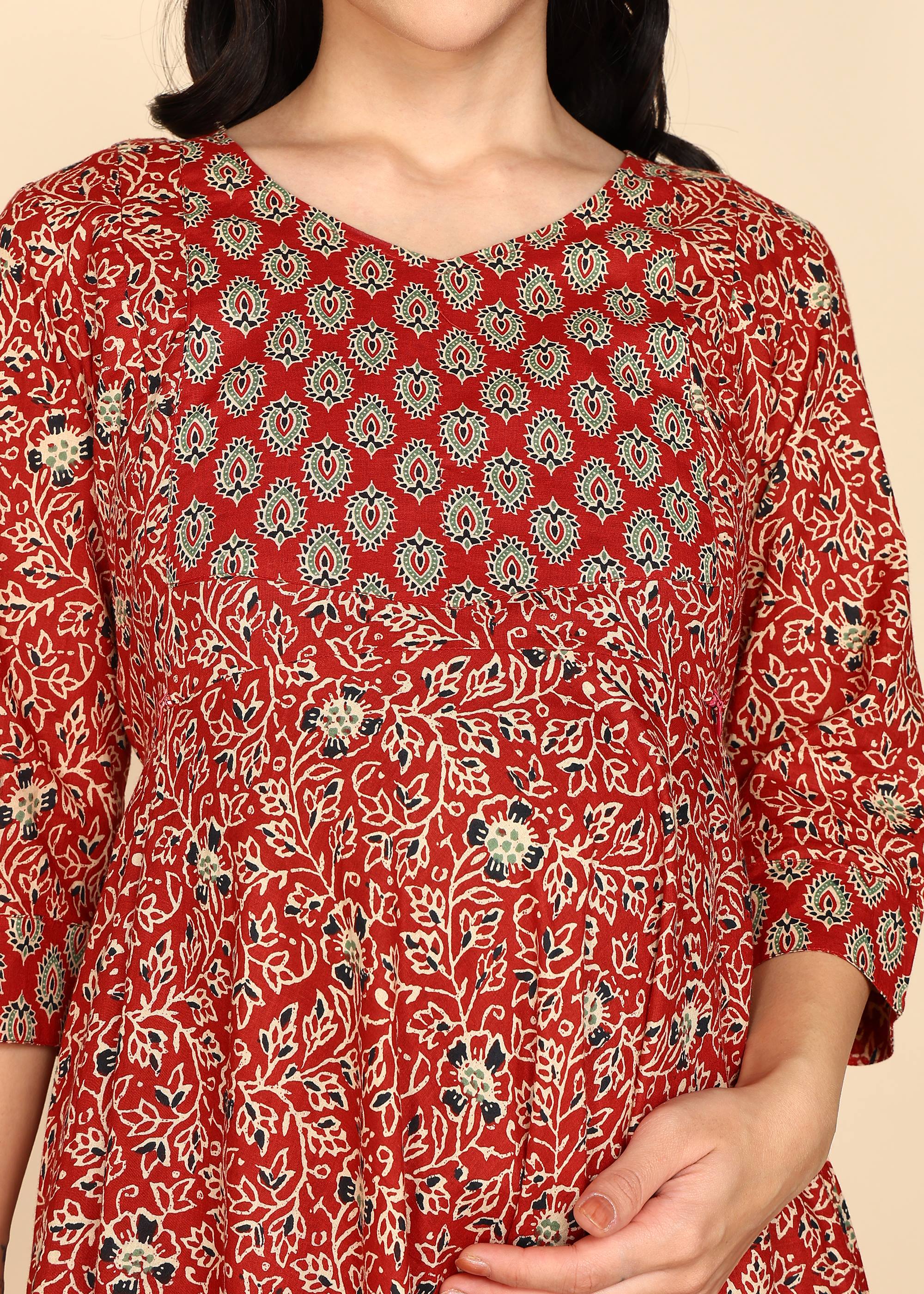 Red-Maternity-Feeding-KurtaSet-Dupatta