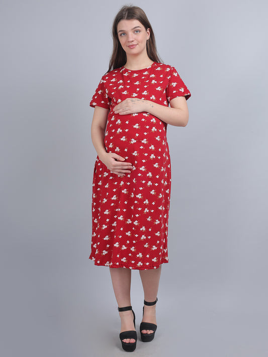 Red-Printed-KnittedCotton-Maternity-Loungewear-Dress