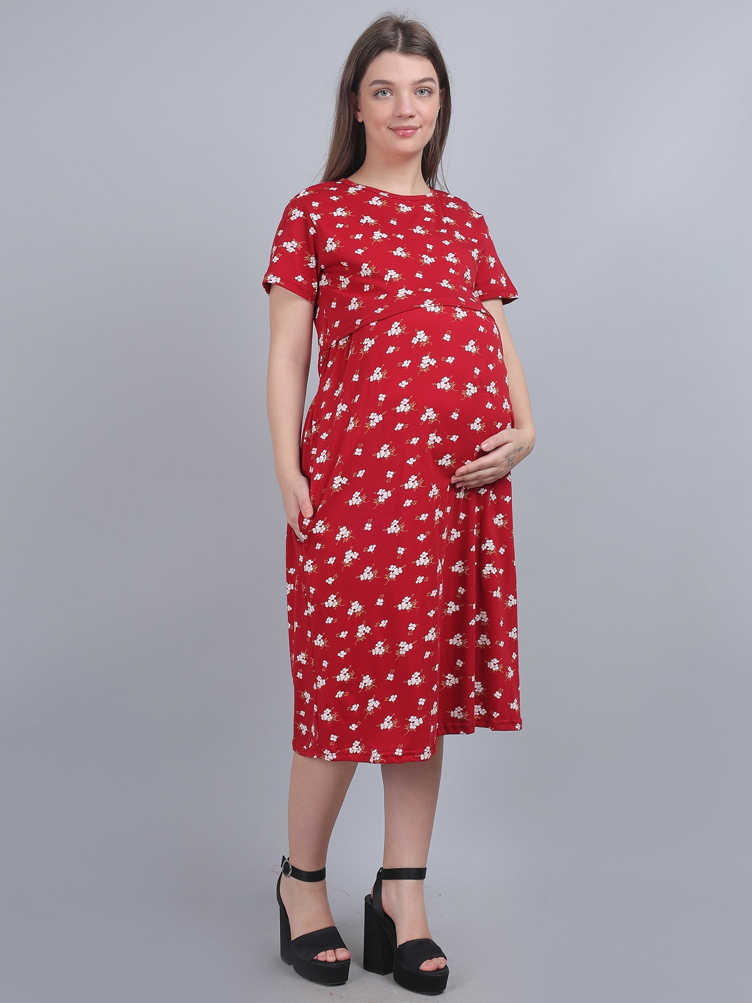 Red-Printed-KnittedCotton-Maternity-Loungewear-Dress