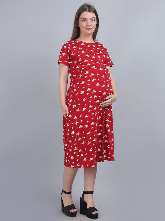 Red-Printed-KnittedCotton-Maternity-Loungewear-Dress