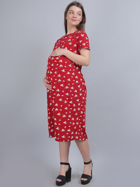Red-Printed-KnittedCotton-Maternity-Loungewear-Dress