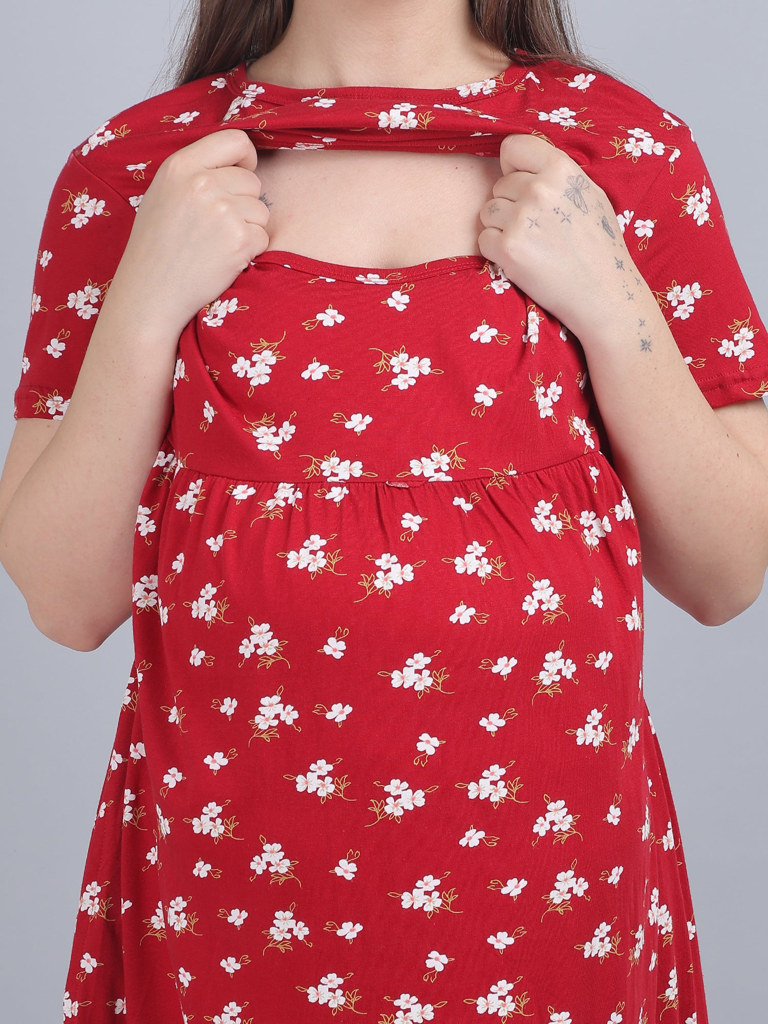 Red-Printed-KnittedCotton-Maternity-Loungewear-Dress