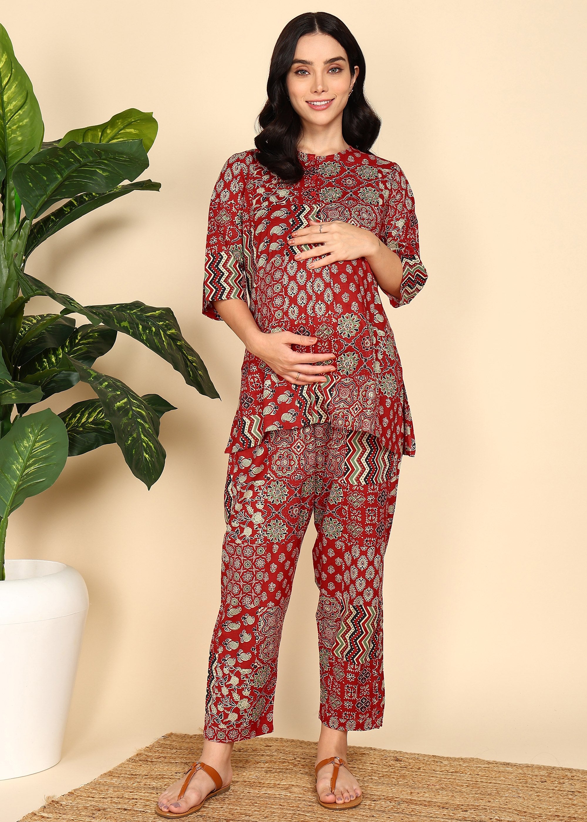 Red-Printed-PureCotton-Maternity-Feeding-Co-ord-Set