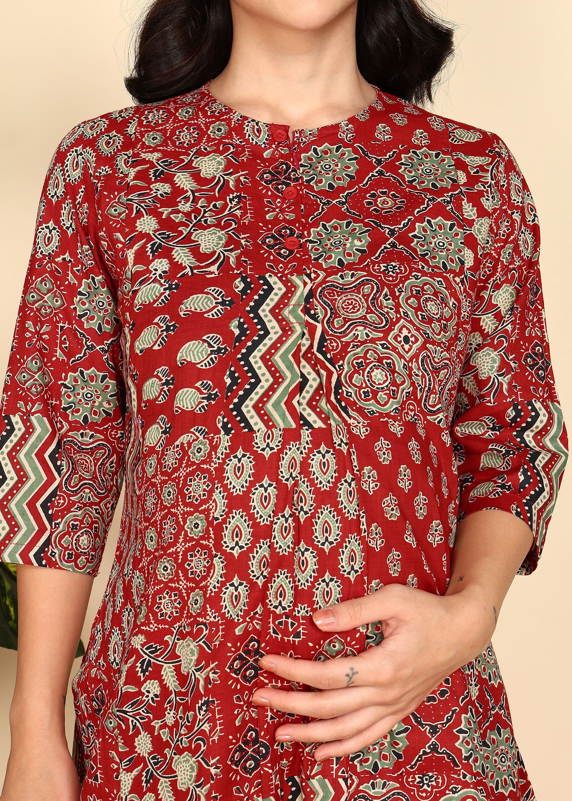 Red-Printed-PureCotton-Maternity-Feeding-Co-ord-Set