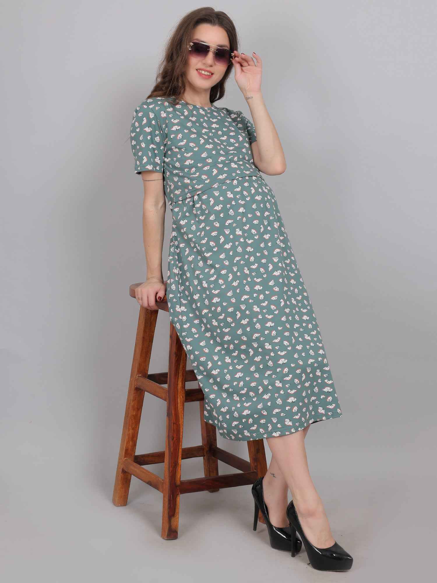 Sea Green Knitted Cotton Maternity Loungewear Dress