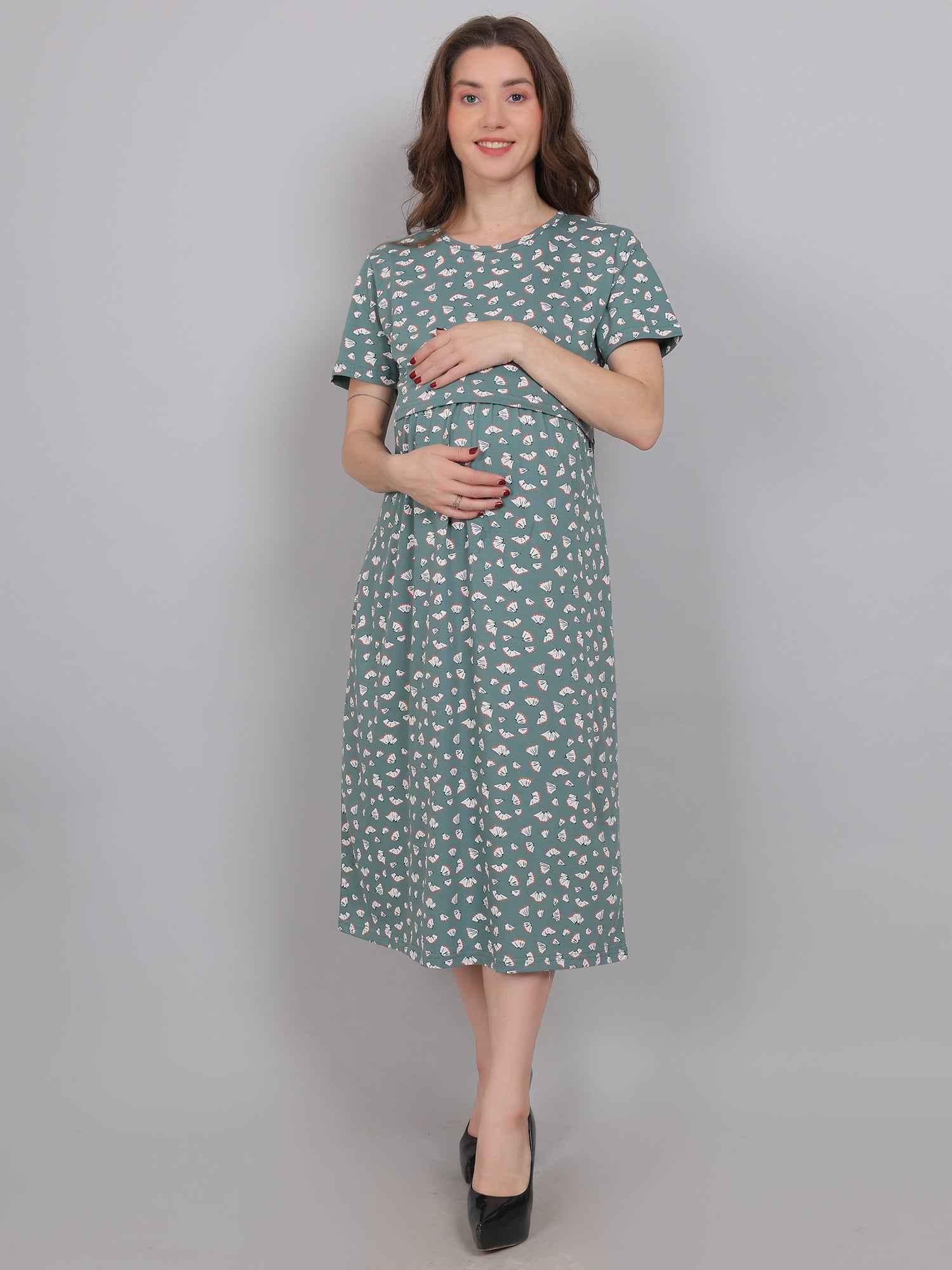 Sea Green Knitted Cotton Maternity Loungewear Dress