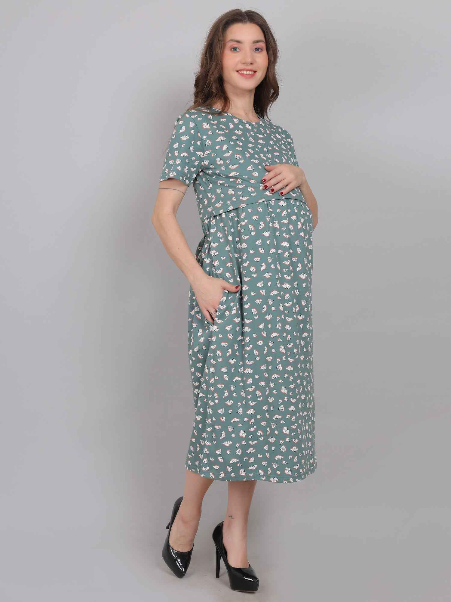 Sea Green Knitted Cotton Maternity Loungewear Dress