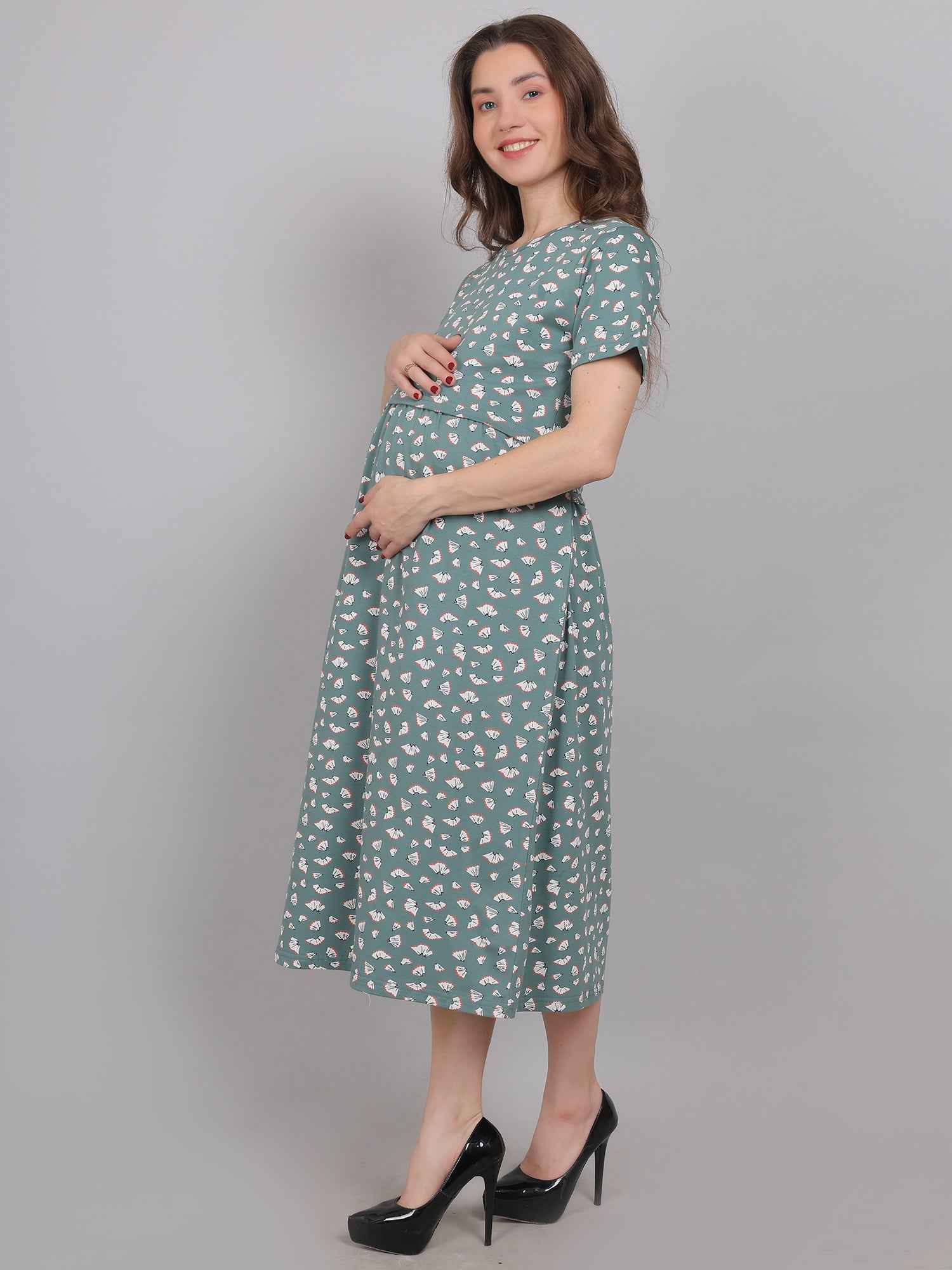 Sea Green Knitted Cotton Maternity Loungewear Dress