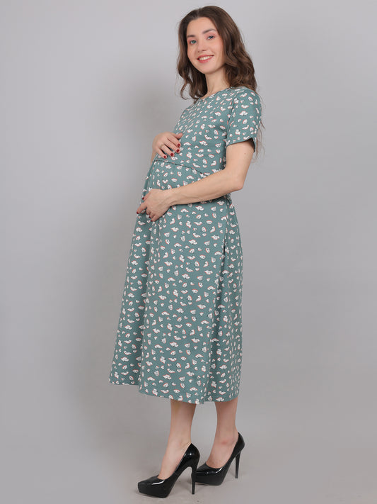SeaGreen-KnittedCotton-Maternity-Loungewear-Dress