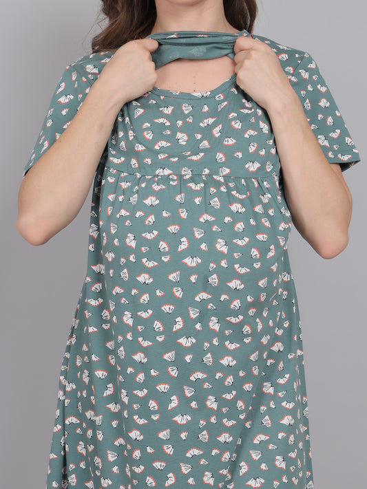 SeaGreen-KnittedCotton-Maternity-Loungewear-Dress