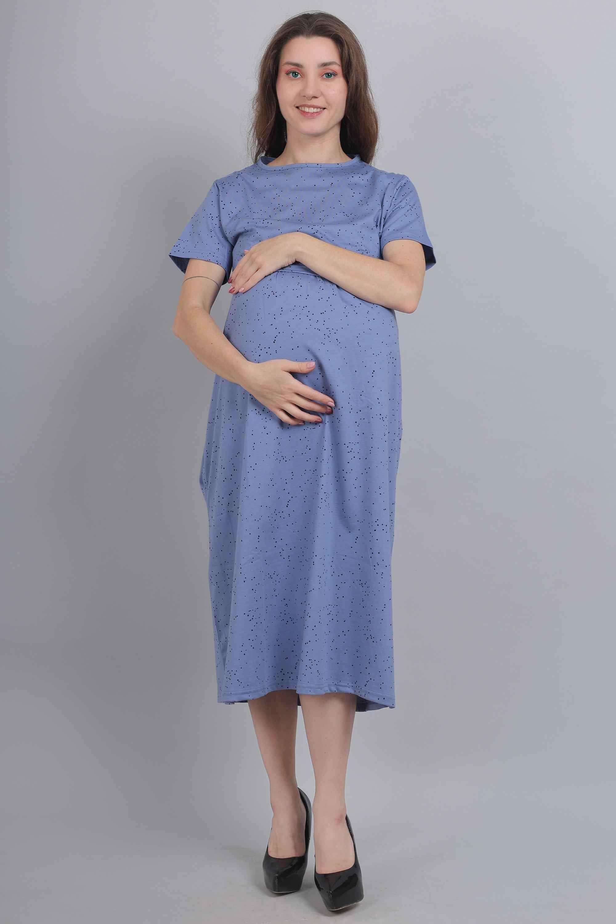 Slate Blue Knitted Cotton Maternity Loungewear Dress Slate Blue Knitted Cotton Maternity Loungewear Dress