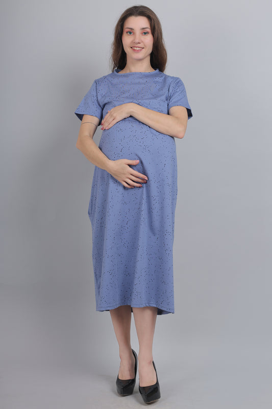 SlateBlue-Knitted-Cotton-Maternity-Loungewear-Dress