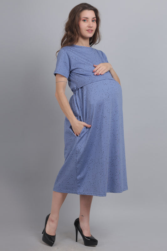 SlateBlue-Knitted-Cotton-Maternity-Loungewear-Dress