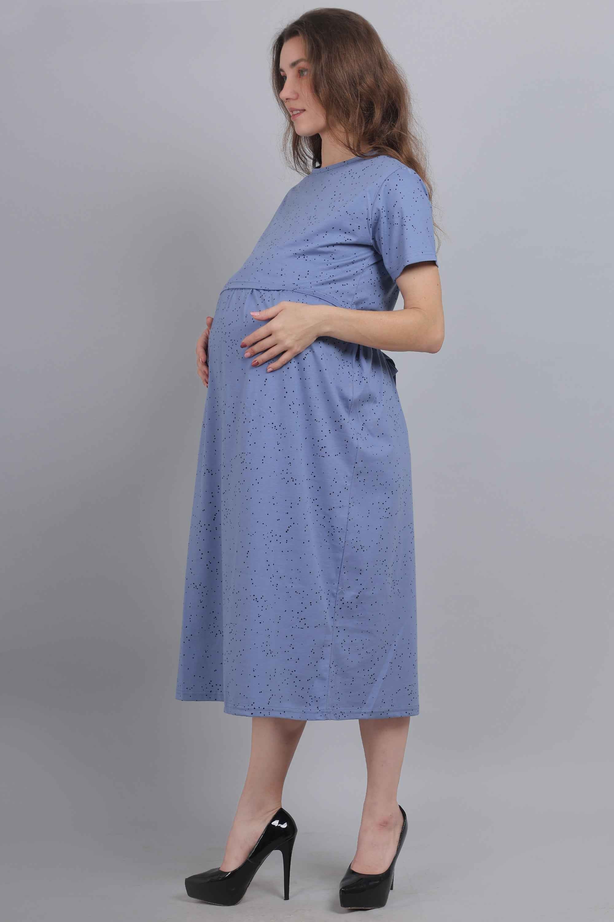Slate Blue Knitted Cotton Maternity Loungewear Dress