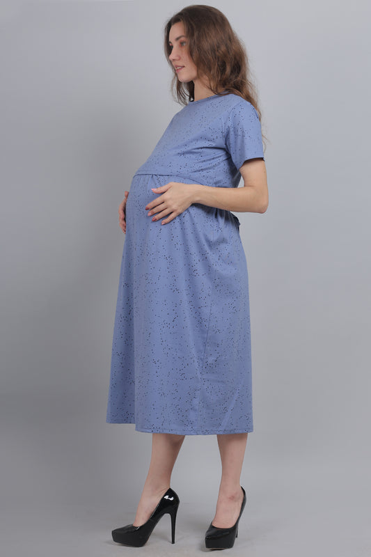 SlateBlue-Knitted-Cotton-Maternity-Loungewear-Dress