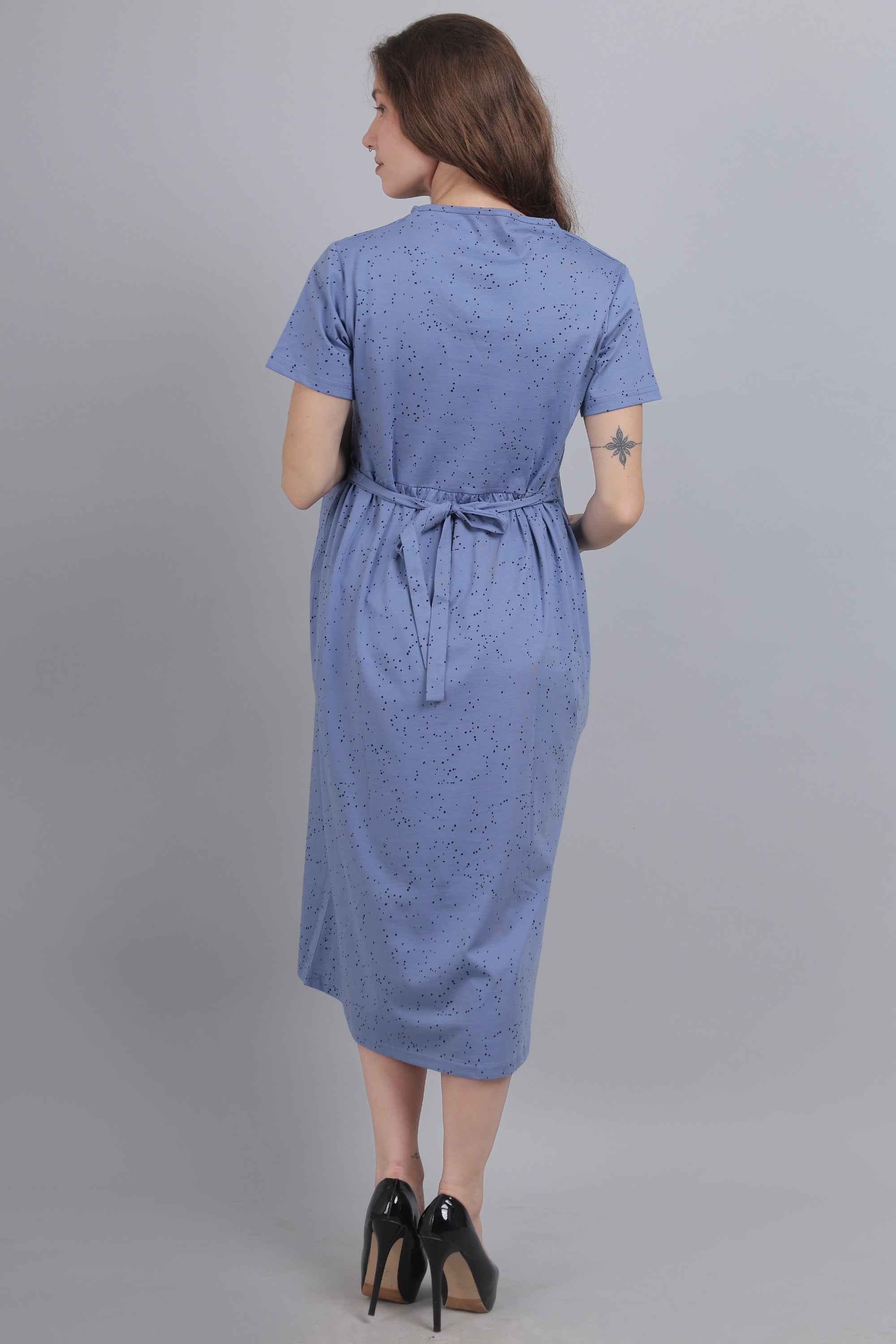 Slate Blue Knitted Cotton Maternity Loungewear Dress