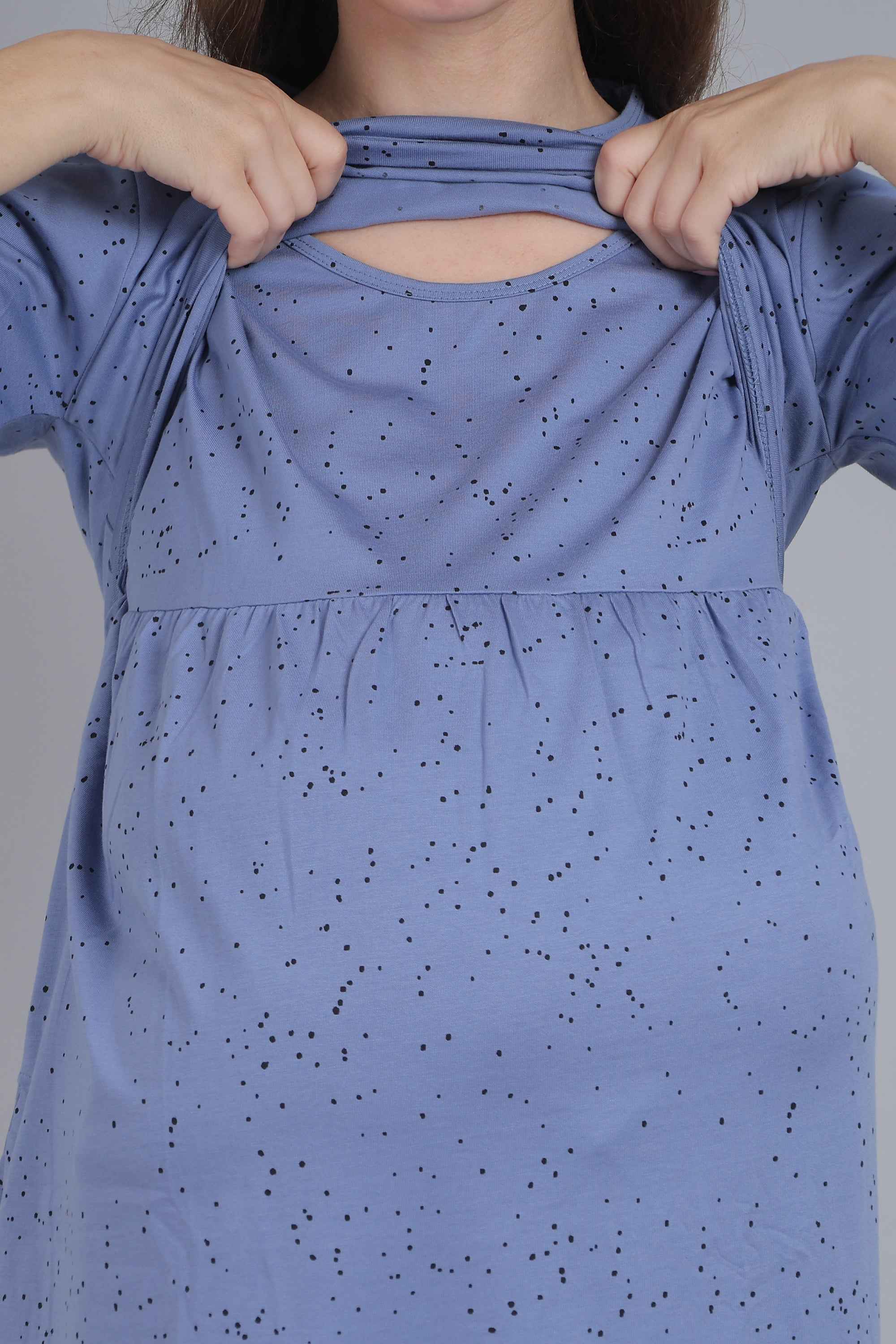 Slate Blue Knitted Cotton Maternity Loungewear Dress