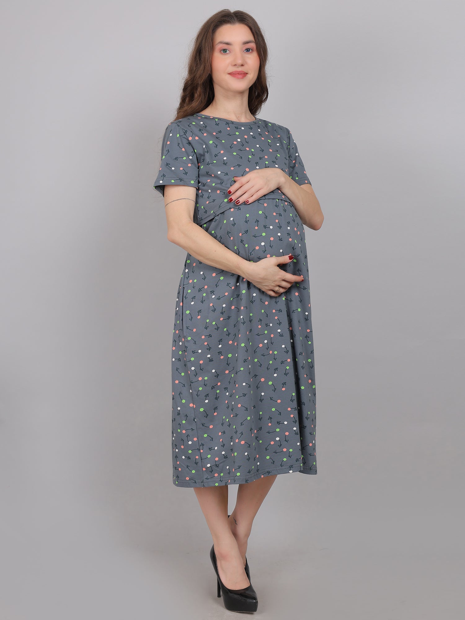 SmokeGrey-KnittedCotton-Maternity-Loungewear-Dress