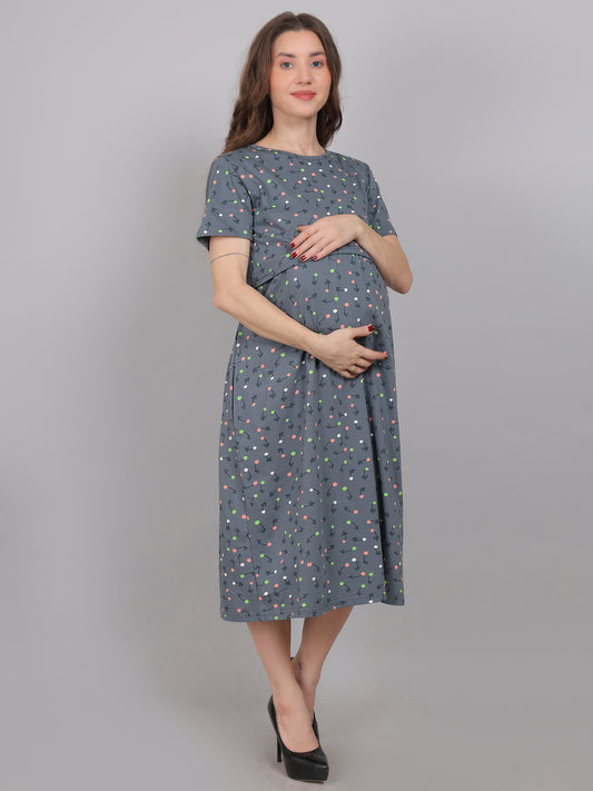 SmokeGrey-KnittedCotton-Maternity-Loungewear-Dress
