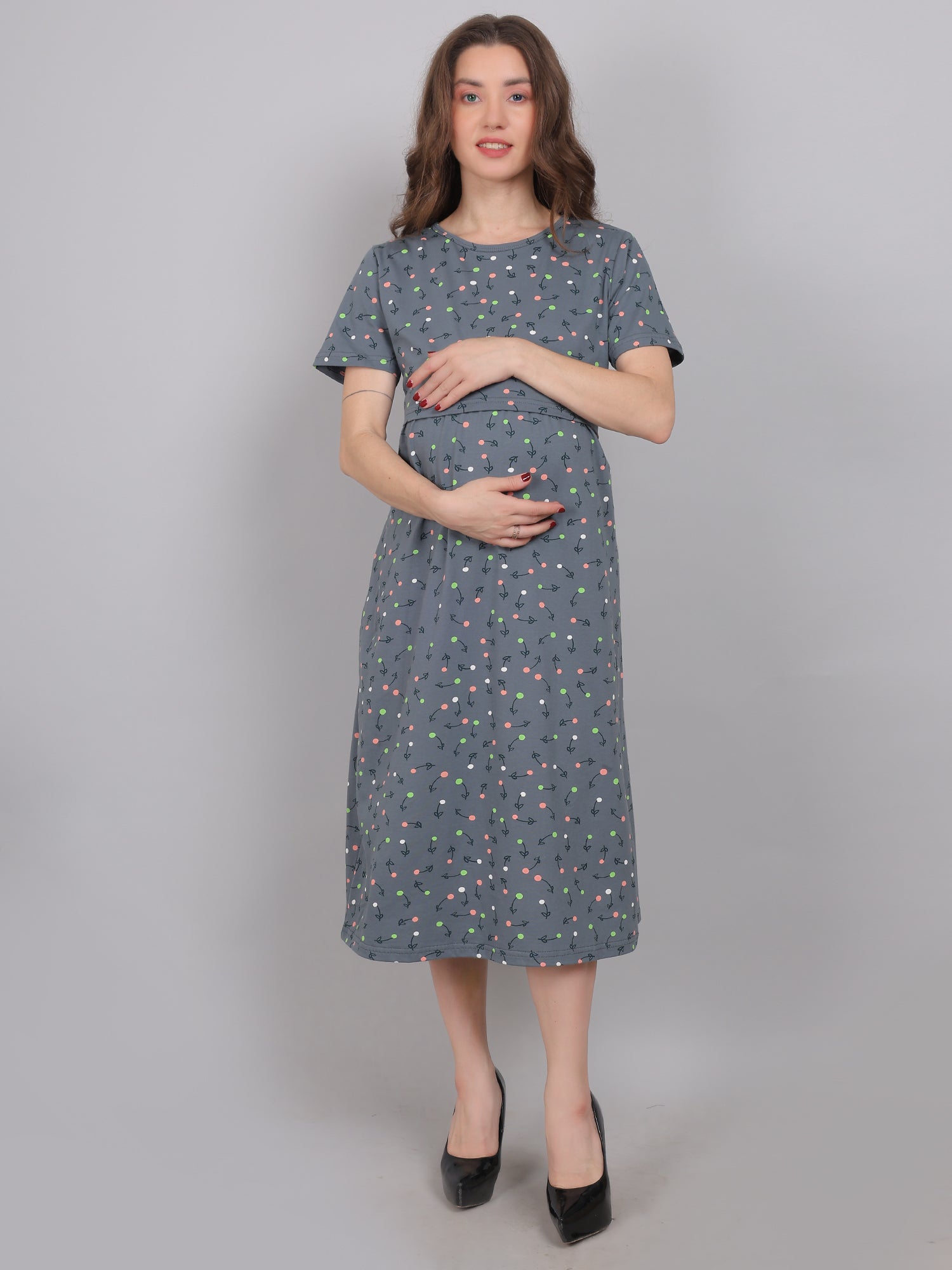 SmokeGrey-KnittedCotton-Maternity-Loungewear-Dress