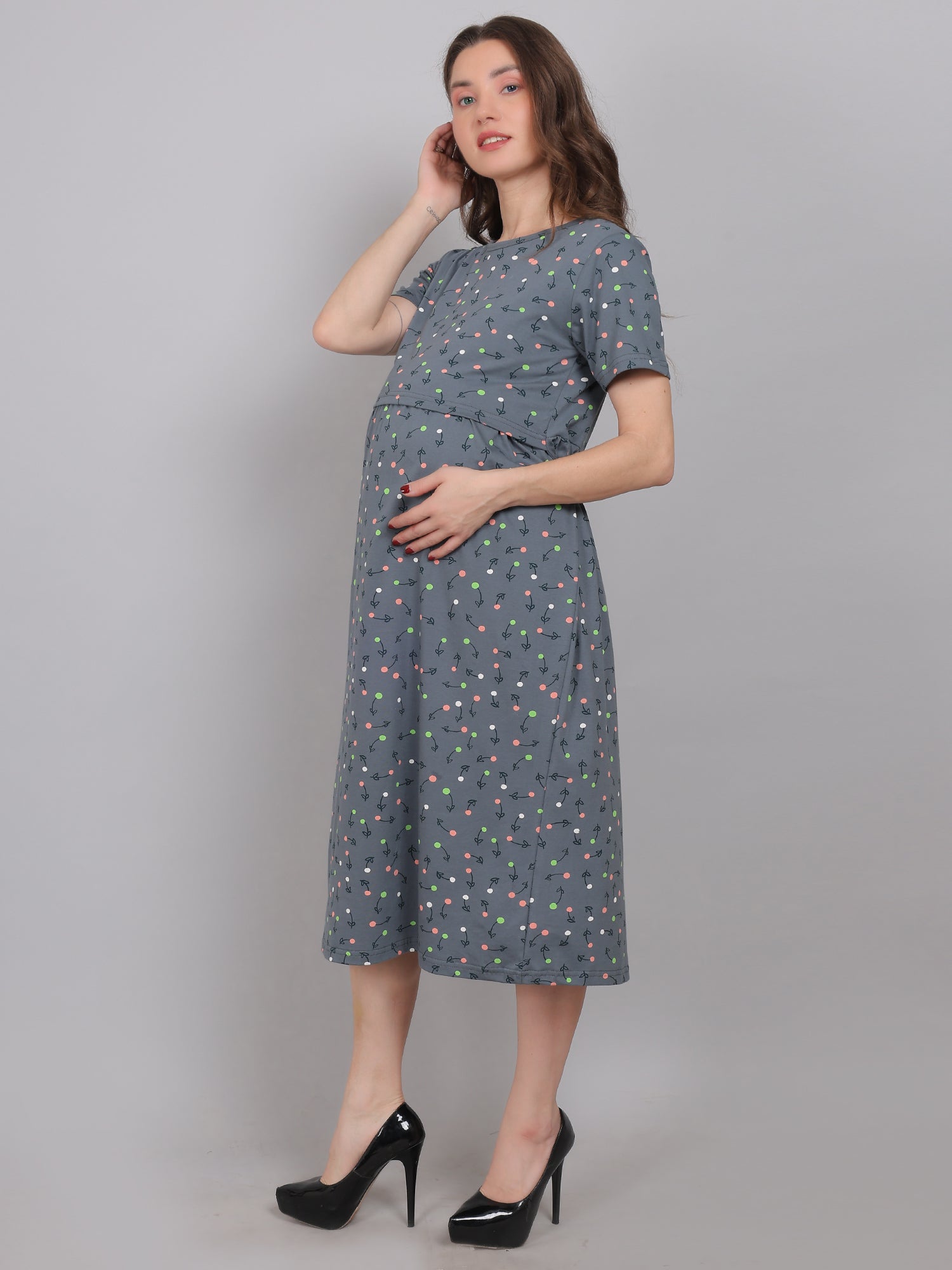 SmokeGrey-KnittedCotton-Maternity-Loungewear-Dress
